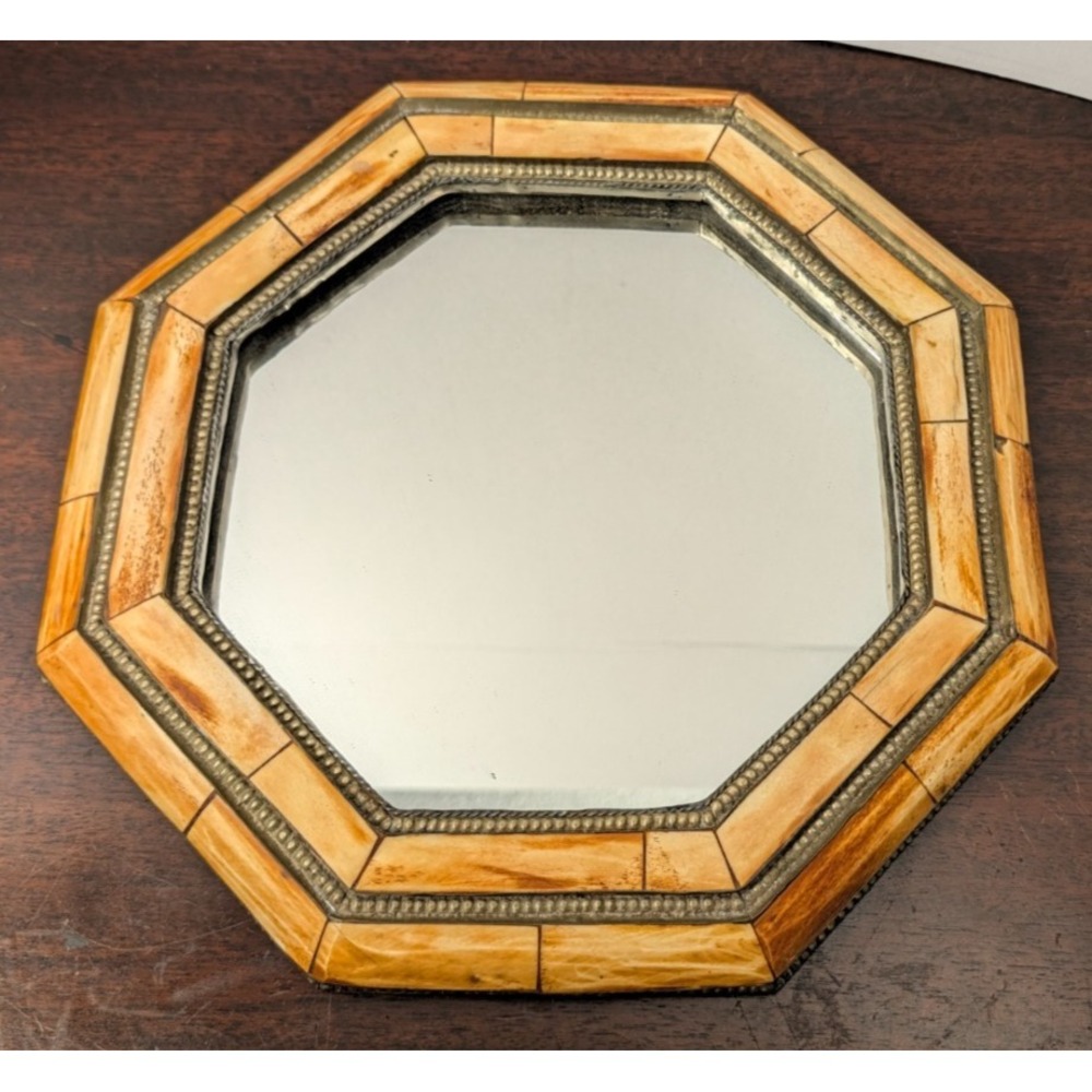 Vintage Octagonal Natural Horn Brass Wall Mirror 12" Boho Hollywood Regency